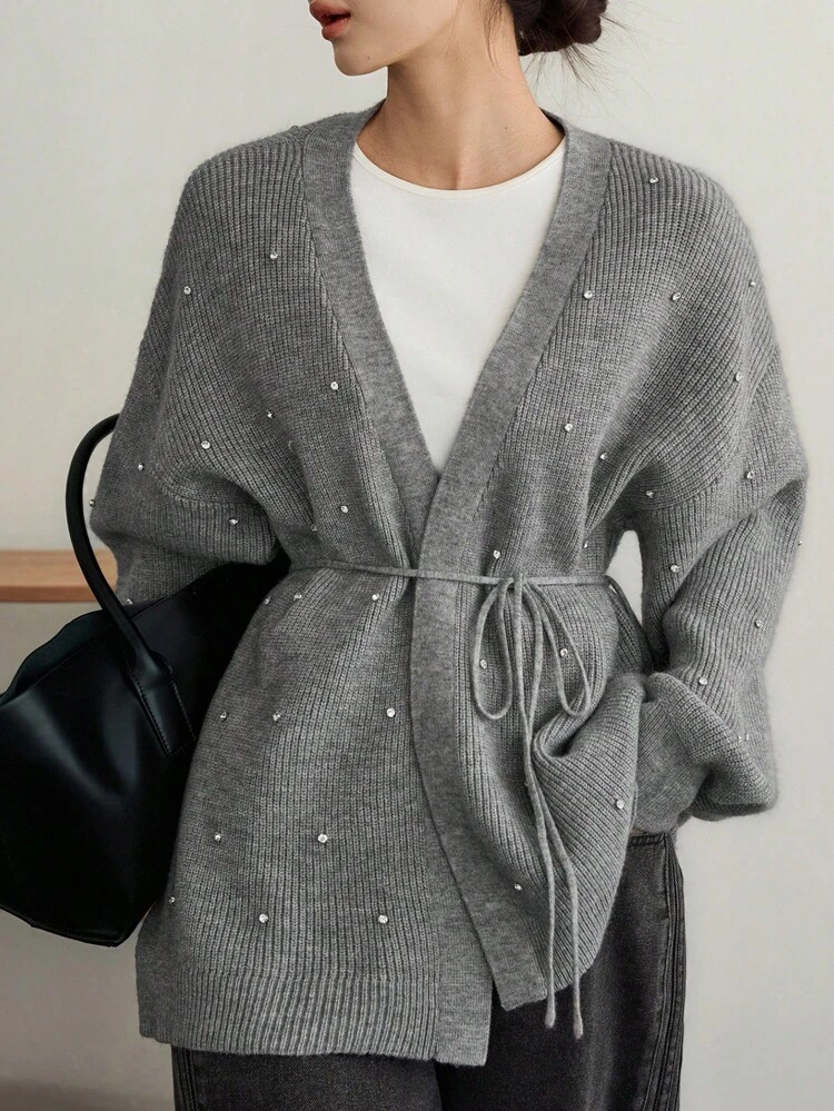 Loose Fit Casual Business Knit Cardigan With Rhinestone Sequins, Drawstring Waist Tie For Women, Suitable For Home, Commute, Outdoor Wear In Autumn & Winter