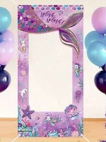 美人鱼相框背景，紫色美人鱼尾巴生日横幅，海洋主题镂空装饰，摄影道具，生日派对装饰，迎婴派对，海底主题 - 彩色 - 查看 16