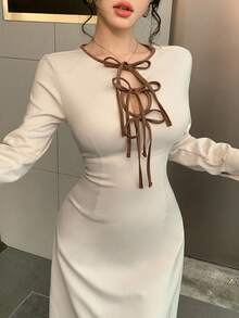 DAZY Women's Elegant Contrast Color Tie Waist Mid-Length Dress, Autumn Maxi Dress - Beige - View 4