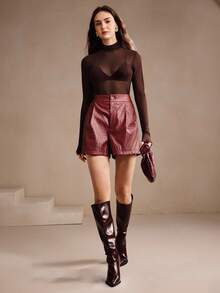 Anewsta Damen Burgunder PU geprägtes Leder Taschen Elegante Business Shorts, Herbst/Winter