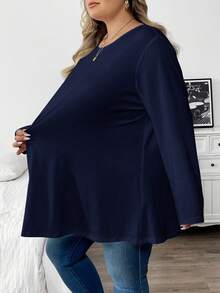 SHEIN CURVE+ 大码女式纯色简约圆领长袖T恤 - 藏蓝色 - 查看 3