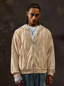 ROMWE MEN Grunge Punk Men's Autumn Drop Shoulder Zip Front Drawstring Zip Up Hoodie Sweatshirt - Bronze - View 7