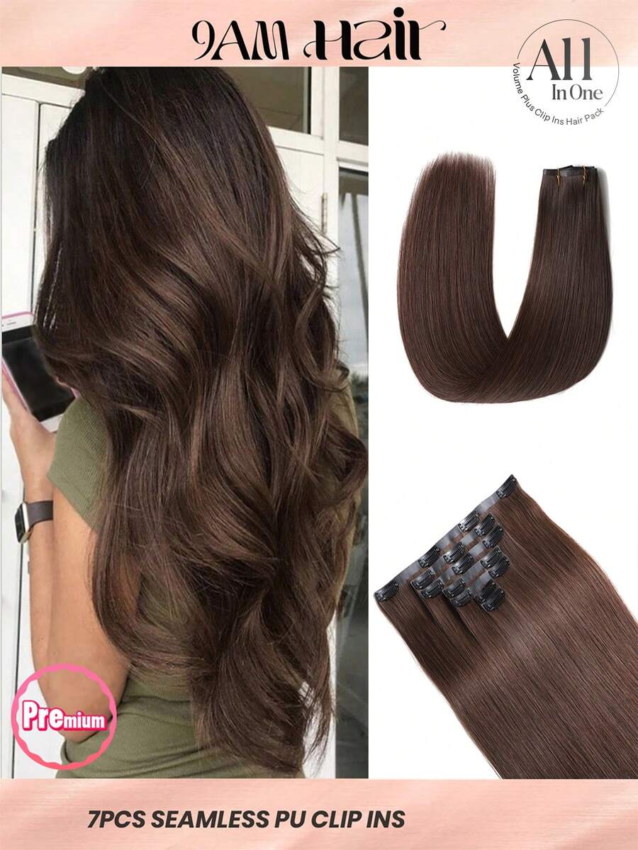 Seamless Clip Ins 7pcs Dark Brown 130g/150g Full Head Seamless PU Clip Ins Extensions 100% Cuticle Aligned Double Drown Remy Human Hair Invisiable Clip In Hair Extensions Hair Extentions - S4 - View 1