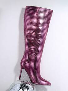 SHUZIA Pointed Toe Plaid Knee High Boots - Red - View 2