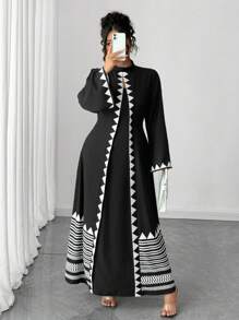 Elenzga Elegantes Geometrie-Muster Kleid in Große Größen, geeignet für den Berufsalltag - Schwarz - Übersicht 4