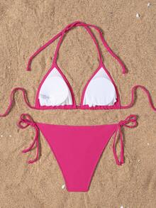 SHEIN Swim 2025 女款夏季海灘素色掛脖綁帶性感比基尼泳衣套裝 - 玫紅色 - 查看 2