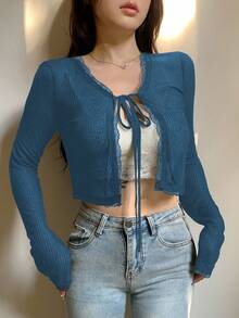 DAZY Women's Lace Patchwork Cropped Cardigan With Drawstring Tie, Long Sleeve, Suitable For Autumn, Spring And Summer