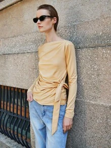 Lumivelle Top Casual com Gola Assimétrica, Manga Longa, Amarração na Cintura e Pregas, Roupas de Primavera para Universidade, Vestuário de Outono para Mulheres