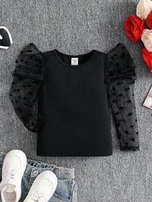 年轻女孩纯色圆领撞色网眼羊腿袖休闲T恤