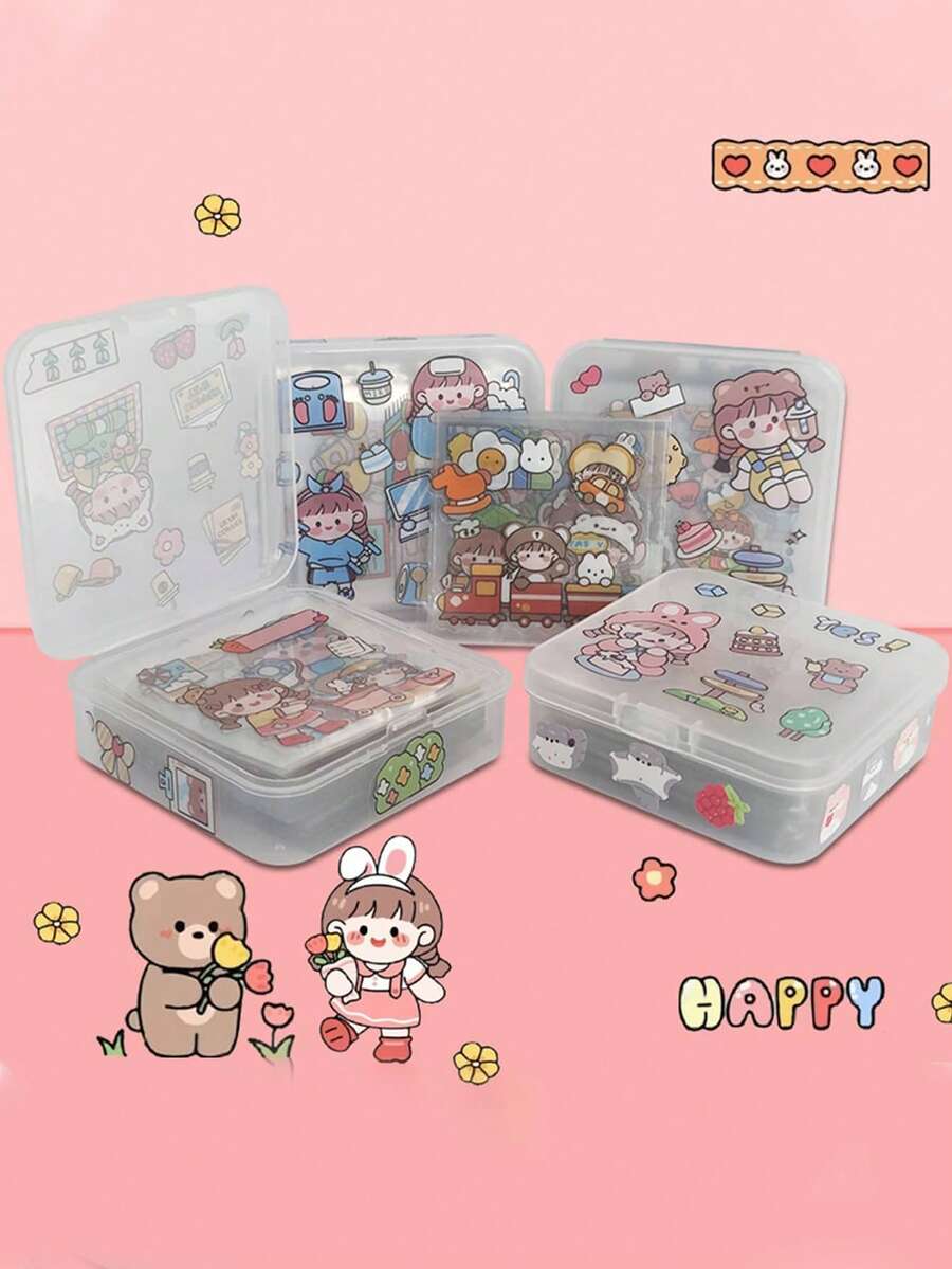 100 张透明可爱女孩与动物 PET 贴纸，卡通贴花，适用于笔记本水瓶手机冰箱，DIY 剪贴簿剪贴画贴纸随机发货（盒装） - 無色 - 查看 1