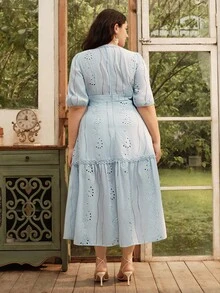 Anewsta Summer New Design V-Neck Hollow Out Embroidery Solid Color Puff Sleeve Plus Size Dress - Baby Blue - View 2