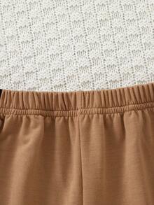 SHEIN 2 件套女童休闲蝴蝶结运动衫和裤子套装，轻便春夏季服装 - 卡其色 - 查看 5