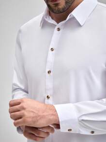 Men's Solid Color Long Sleeve Single-Breasted Casual Formal Business Dress Shirt, Fall Old Money Men's White Dress Shirt Spring To Summer - White - View 6