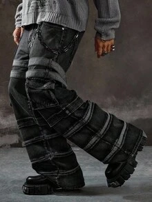 ROMWE MEN Grunge Punk Men's Casual Avant Cargo Denim Jeans, Grunge