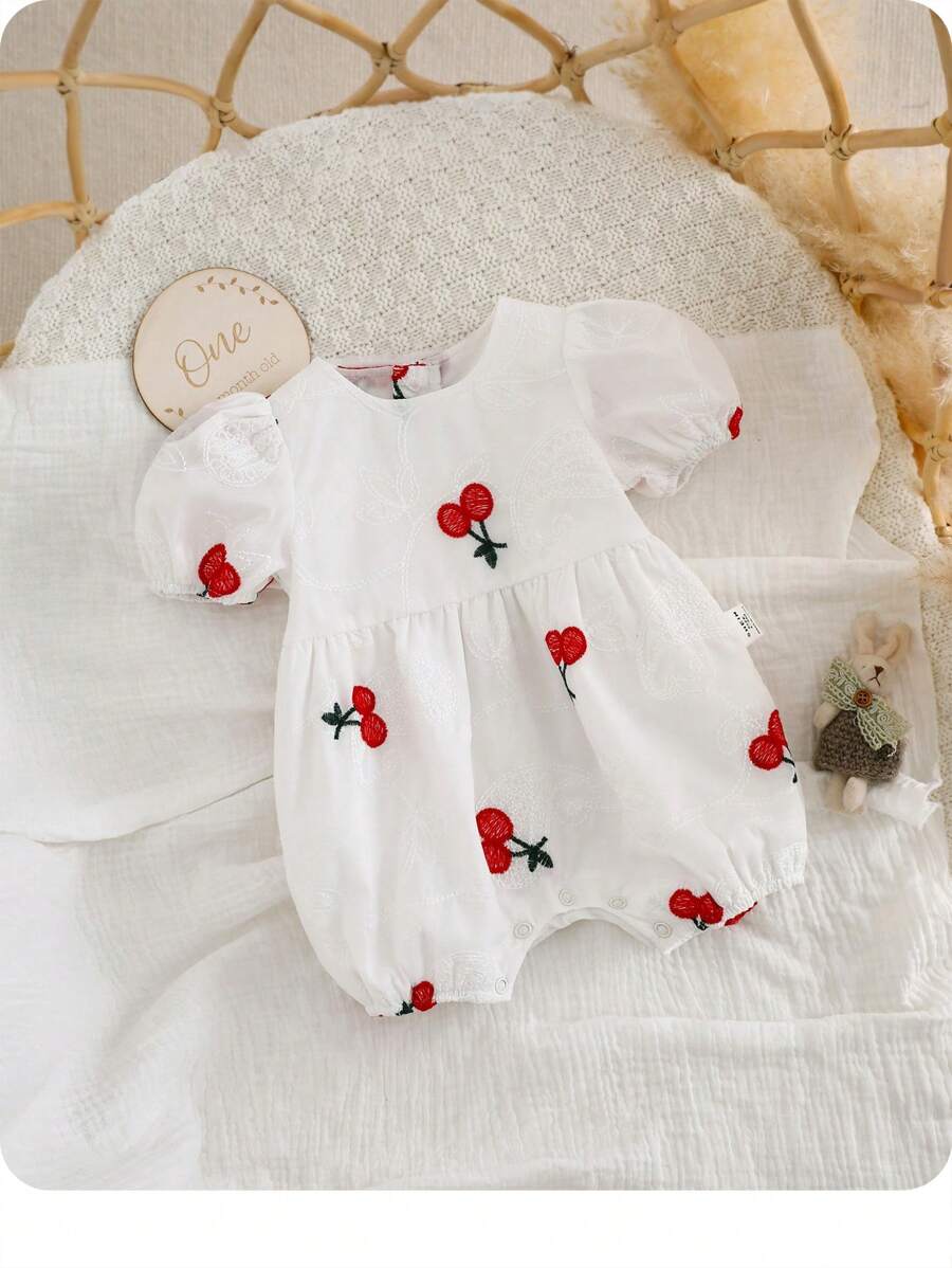 SHEIN 可爱 Babygirl 白色卡通印花短袖连体衣，夏季