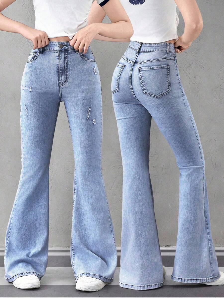 Sparklyn 少女休闲时尚简约设计洗水浅蓝色喇叭牛仔裤 - 中等水洗藍 - 查看 1