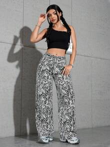 SHEIN LUNE 女士蛇皮纹阔腿宽松休闲牛仔裤 - 彩色 - 查看 3