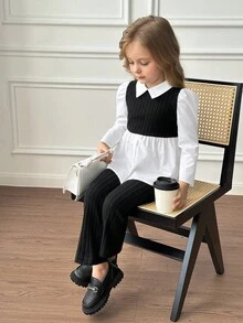 SHEIN 2pcs Young Girl Casual Suit Set, Long Sleeve Top And Shorts, Cute Holiday Outfit, Spring