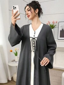 Yasmyna V领撞色二合一腰带长袖阿巴亚 - 深灰色 - 查看 8