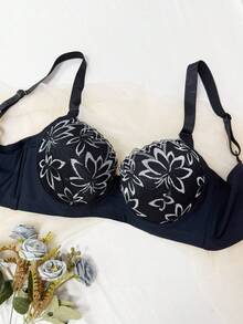 SHEIN 1 件女士蕾丝拼接钢圈文胸，性感休闲 - 黑與白 - 查看 6