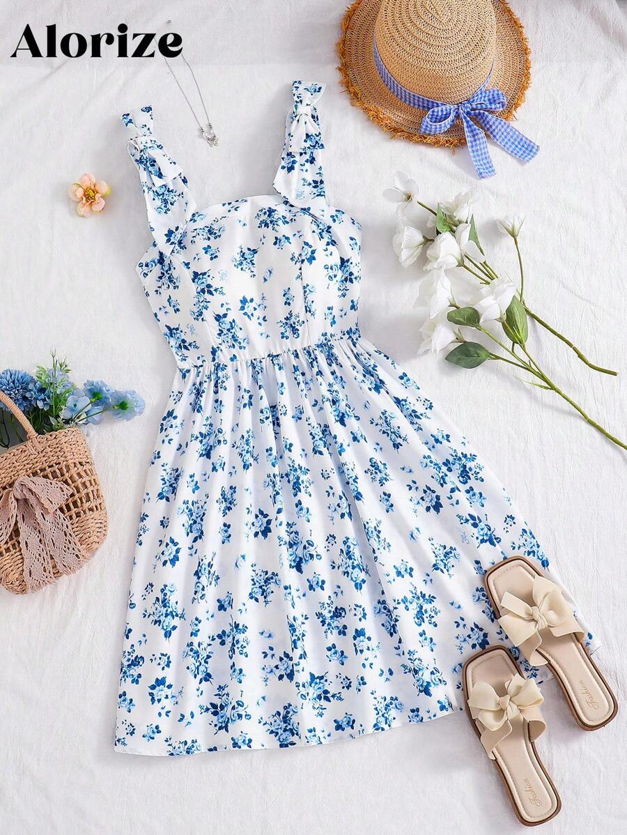 少女端庄优雅花卉印花针织无袖吊带背心裙，宽肩带，夏季舒适凉爽，新品，合身中长裙，适合学校，四季皆宜 - 藍色 - 查看 1