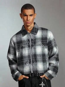 ROMWE MEN Street Life Sobretudo xadrez curto bordado cruzado masculino, corte solto, outono inverno - Preto e Branco - Ver 5