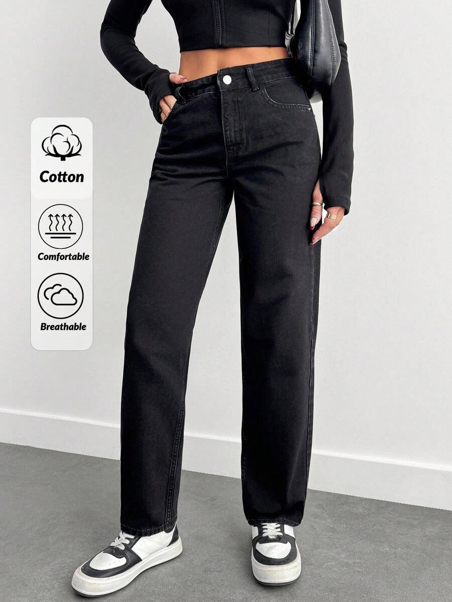 EURMUSE 100%纯棉纯色斜口袋直筒牛仔裤 - 黑色 - 查看 1