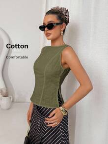 Lavishia 无袖棉麻白色竹节纽扣修身办公室复古衬衫 - 軍綠色 - 查看 4