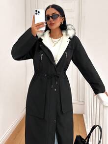 EURMUSE Solid Color, Warm Teddy, Contrast Faux Fur, Drawstring Waist, Long Winter Coat - Black - View 4