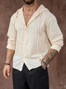 Manfinity Homme Camisa casual con capucha de manga larga y botones delanteros de unicolor para hombres, para el otoño - Albaricoque - Ver 4
