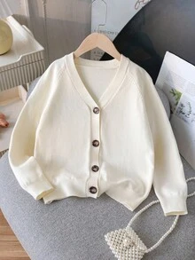 SHEIN 少女奶油白純色插肩袖單排扣休閒針織開襟衫，秋季假期返校 V 領鈕扣毛衣 - 米色 - 查看 9