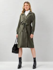 Miaspire 西裝領插肩袖雙排釦腰帶風衣外套 - 軍綠色 - 查看 5