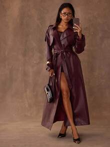 SHEIN BAE Autumn/Winter Fashion Women's Long Leather Burgundy Trench Coat,Burgundy Coat,Burgundy Fashion Coat,Versatile And Practical Coat,Fall - Burgundy - View 4