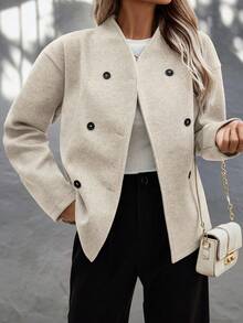 EMERY ROSE 女士休闲通勤纯色双排扣大衣，秋冬 - 杏色 - 查看 6