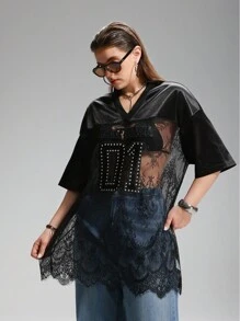 LYSMO 夏季大码 V 领蕾丝宽松运动衫