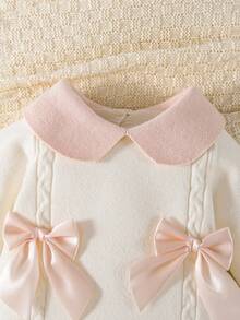 SHEIN Baby Girls' Sweater , Knitted Turtleneck Long Sleeve Jumpsuit With Footed, Comfortable For Autumn/Winter, Handmade Bow Design, Elegant & Fashionable, Yellow & Light Yellow, Suitable For Daily Wear, Indoor, Outdoor, Travel Fall - Apricot - View 4