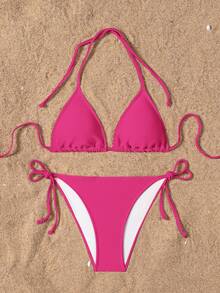 SHEIN Swim 2025 女款夏季海灘素色掛脖綁帶性感比基尼泳衣套裝 - 玫紅色 - 查看 4