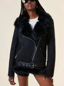 Aveloria Affinna Women's New Winter Faux Fur Leather Jacket, European And American Fashion Suede Fleece Motorcycle Coat, Thick Cotton Padded Fall Cloth For Women