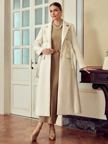 ZEYLAH Áo khoác thêu màu ngà thời trang dành cho nữ - Màu be - Xem 4