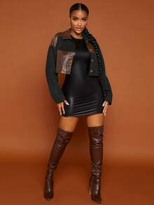 SHEIN SXY Women's Short Jacket With Suede Fabric And PU Patchwork In Fall/Winter