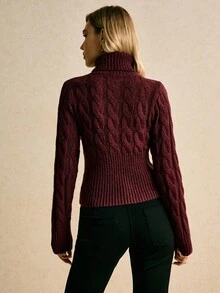 Poéselle Áo len cổ lọ màu đỏ tía thanh lịch dành cho nữ - Màu Đỏ Sâu - Xem 2