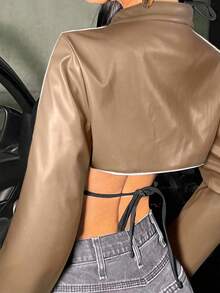 SHEIN ICON 秋冬时尚撞色修身短款夹克皮革短款上衣 - 卡其色 - 查看 7
