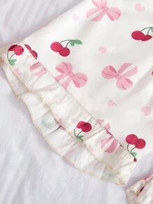 2pcs Summer Pajama Set For Women, Thin Bowknot, Cherry & Heart All-Over Print Short Sleeve Top And Shorts