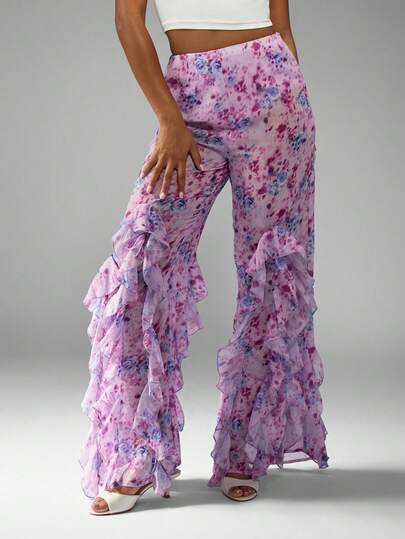 MISSGUIDED 女式优雅花卉印花雪纺荷叶边喇叭裤高腰喇叭裤晚会婚礼宾客个性长裤