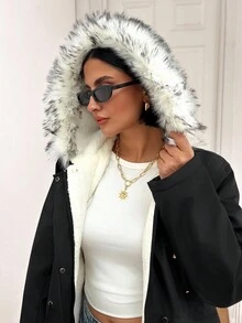 EURMUSE Solid Color, Warm Teddy, Contrast Faux Fur, Drawstring Waist, Long Winter Coat - Black - View 3