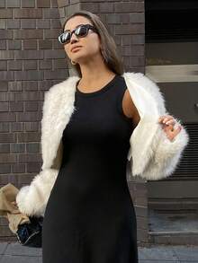 DAZY 女士时尚前开襟短款毛绒外套，秋冬季Y2K女式外套 - 棕色 - 查看 14