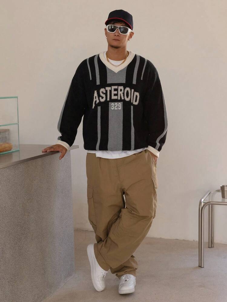 Men's Letter Striped Jacquard Patchwork Contrast Color Sweater, Autumn