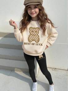 SHEIN 年轻女孩休闲时尚创意花卉、可爱熊和字母印花圆领运动衫和打底裤套装长袖服装搭配服装秋季服装 - 彩色 - 查看 3