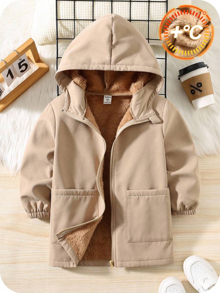 SHEIN Young Boy's Faux Sherpa Hooded Mid-Length Padded Jacket, Khaki Color Casual Outdoor Sport Suitable For Autumn/Winter Kids Coat Toddler Coat Kids Winter Coat Thermal Lined Coat Kids Hooded Coat Kids Fall