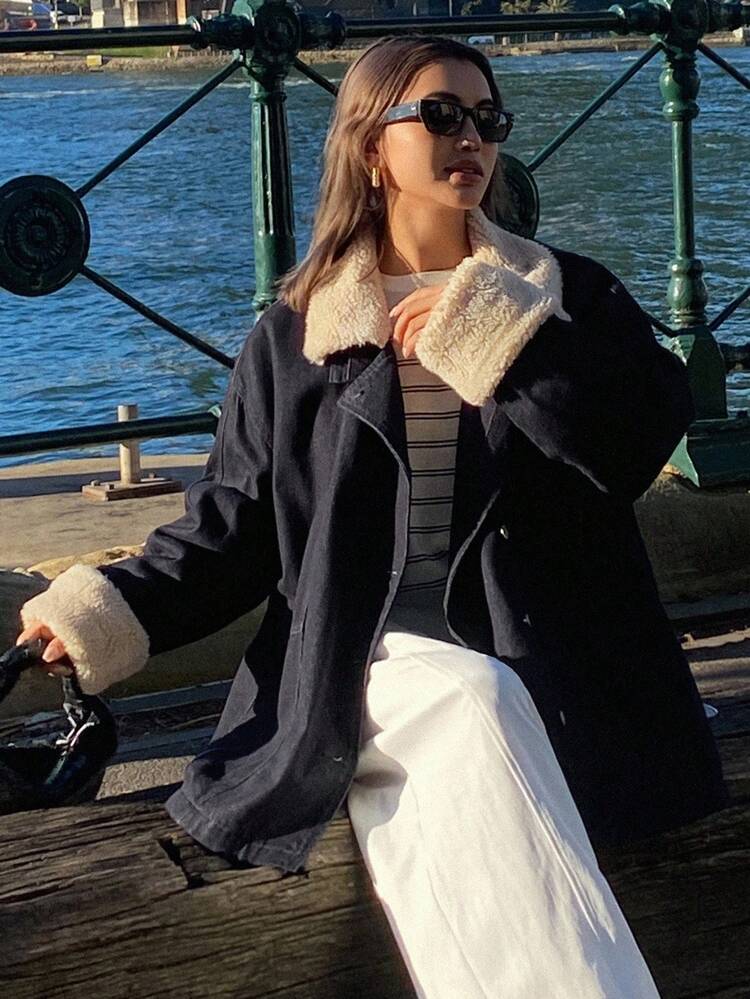 Women's Casual Padded Coat With Denim And Faux Fur Patchwork, Loose Fit, Suitable For Autumn/Winter Jacket